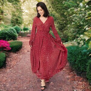 Unique Vintage Red & Silver Stars Farrah Maxi Dress V-Neck Sheer Holiday Gown